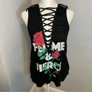 Express y2k Black Lace-Up Floral GraphicTank Top